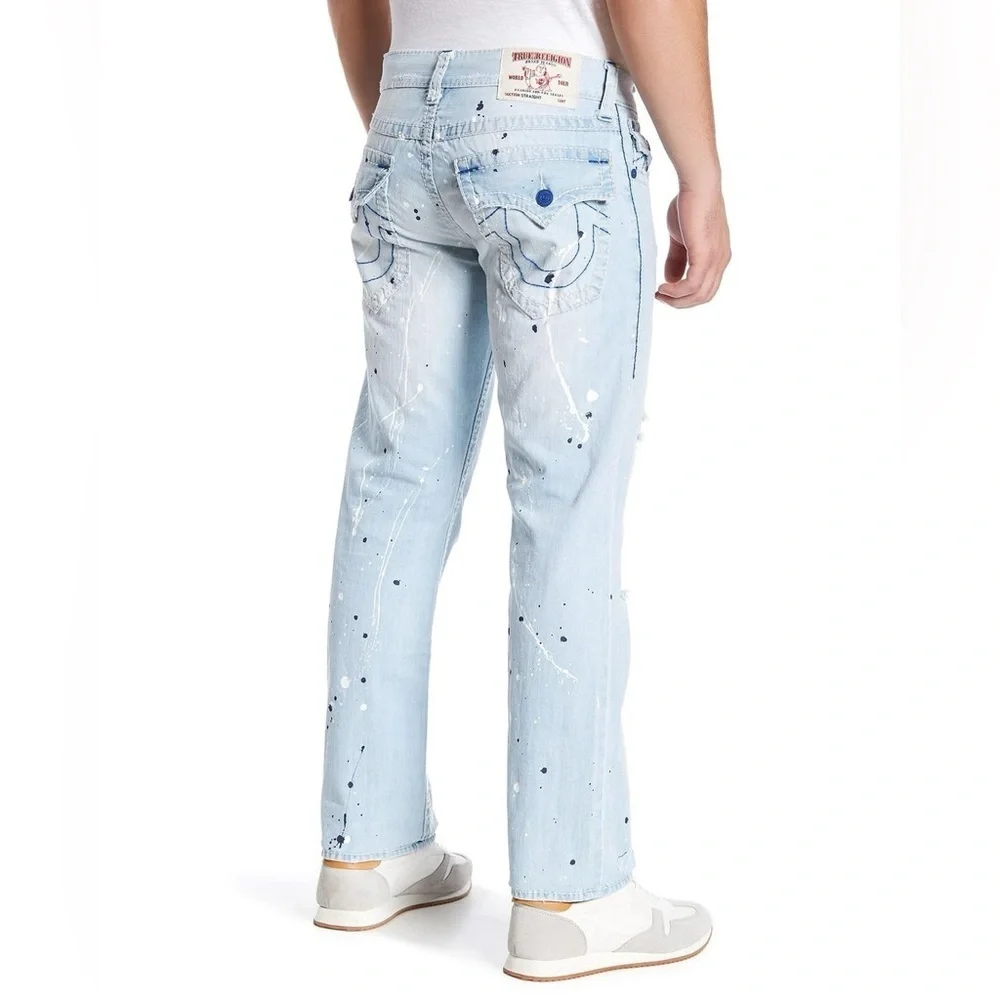 True Religion Light Blue Paint Splatter Acid Wash Straight Leg Jeans 34” x 32”